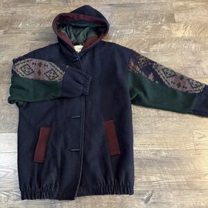 VTG Mariel Women's Coat Aztec Sleeve Toggle Buttons Hood Wool Blend M 90s.
